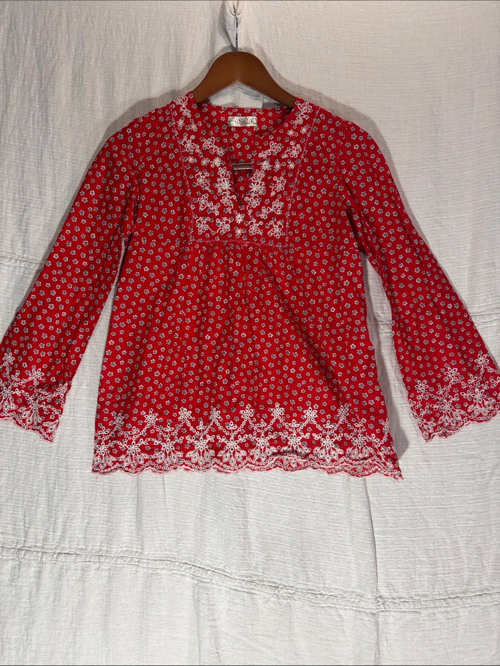 Criss Cross Red Floral Embroidered Eyelet Cotton Blouse Size S Boho Cottagecore